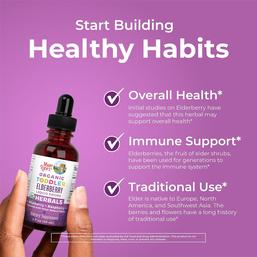 MARYRUTH'S Toddler Elderberry Syrup, USDA Organic Elderberry, Sugar Free Kids Immune Support Supplement for Ages 1-3 Years, Clean Label Project Verified®, Vegan, Non-GMO, Gluten Free, 1 Fl Oz