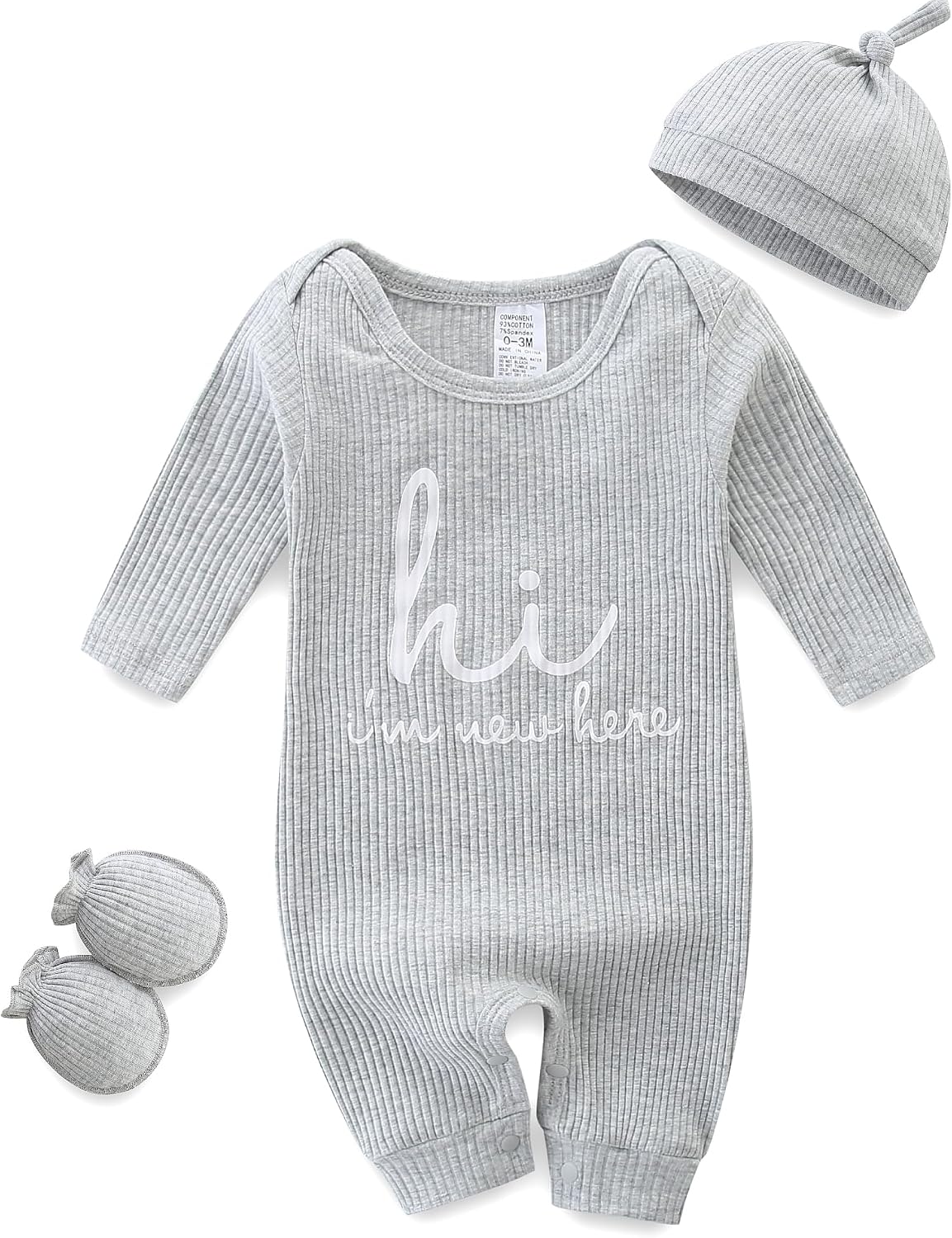 Baby Romper with Baby Mittens & Newborn Hats Footless Long Sleeve
