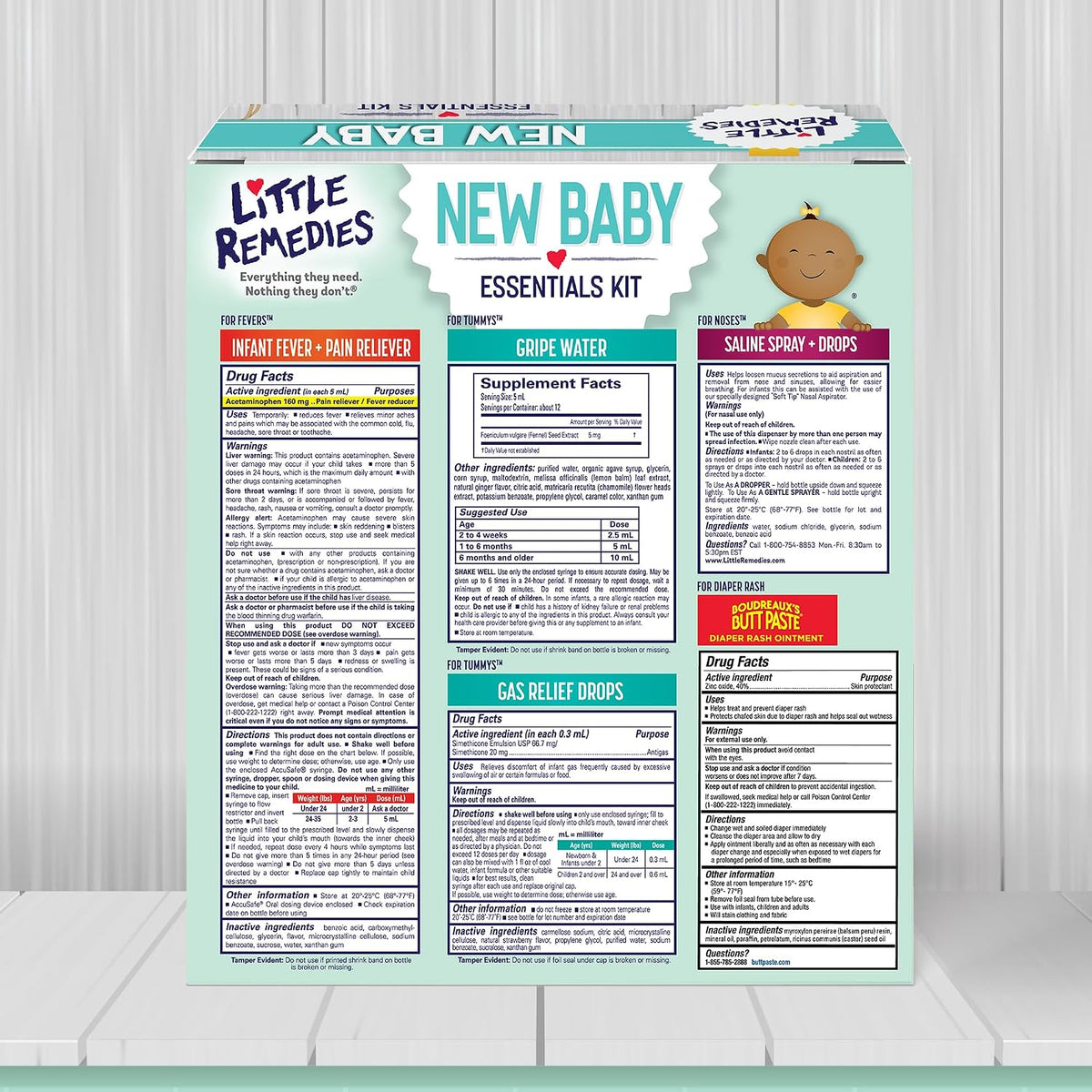 Little Remedies New Baby Essentials Kit with Saline Nasal Spray, Diaper Rash Cream, Gas Relief Drops, Gripe Water & More, Safe for Newborns, Multi-Color
