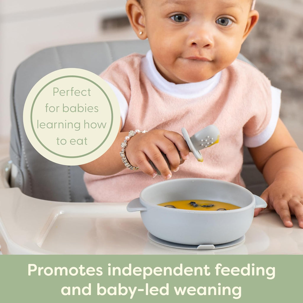 UpwardBaby Self-Feeding Spoon - Anti Choke Barrier - Silicone Baby Spoons Toddler Utensils for Home & Travel, Textured Tips Massage Gums & Baby-Led Weaning (Blue/Gray/Mint)