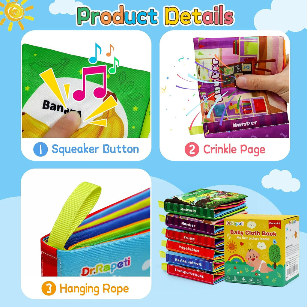 Dr.Rapeti 6 Pack Soft Books, Cloth Book, Bath Book, Baby Book, Crinkle Book