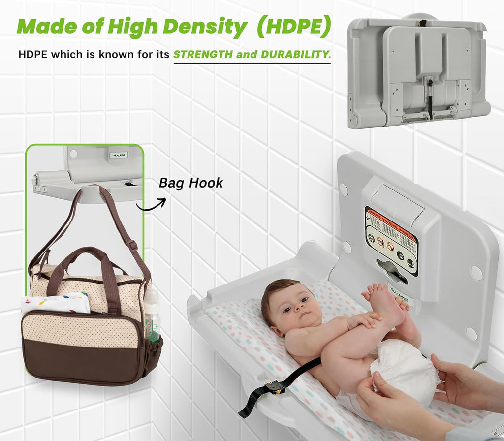 Alpine Wall Mounted Baby Changing Station - Horizontal Baby Changing Table Foldable Diaper Tables with Safety Strap for Commercial Bathroom, ADA Complaint (Hardware Included) Light Gray