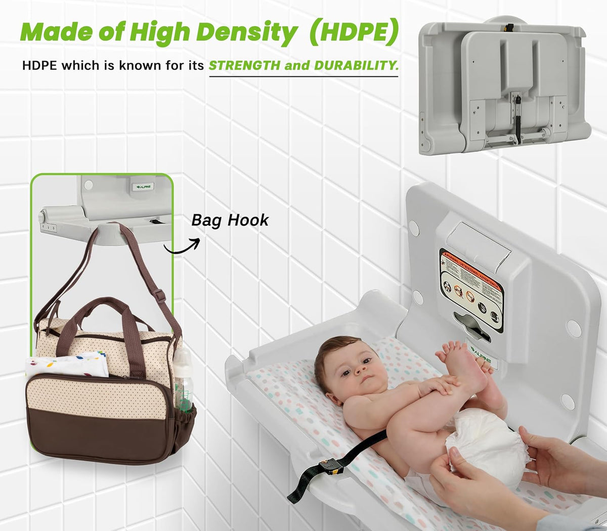 Alpine Wall Mounted Baby Changing Station - Horizontal Baby Changing Table Foldable Diaper Tables with Safety Strap for Commercial Bathroom, ADA Complaint (Hardware Included) Light Gray