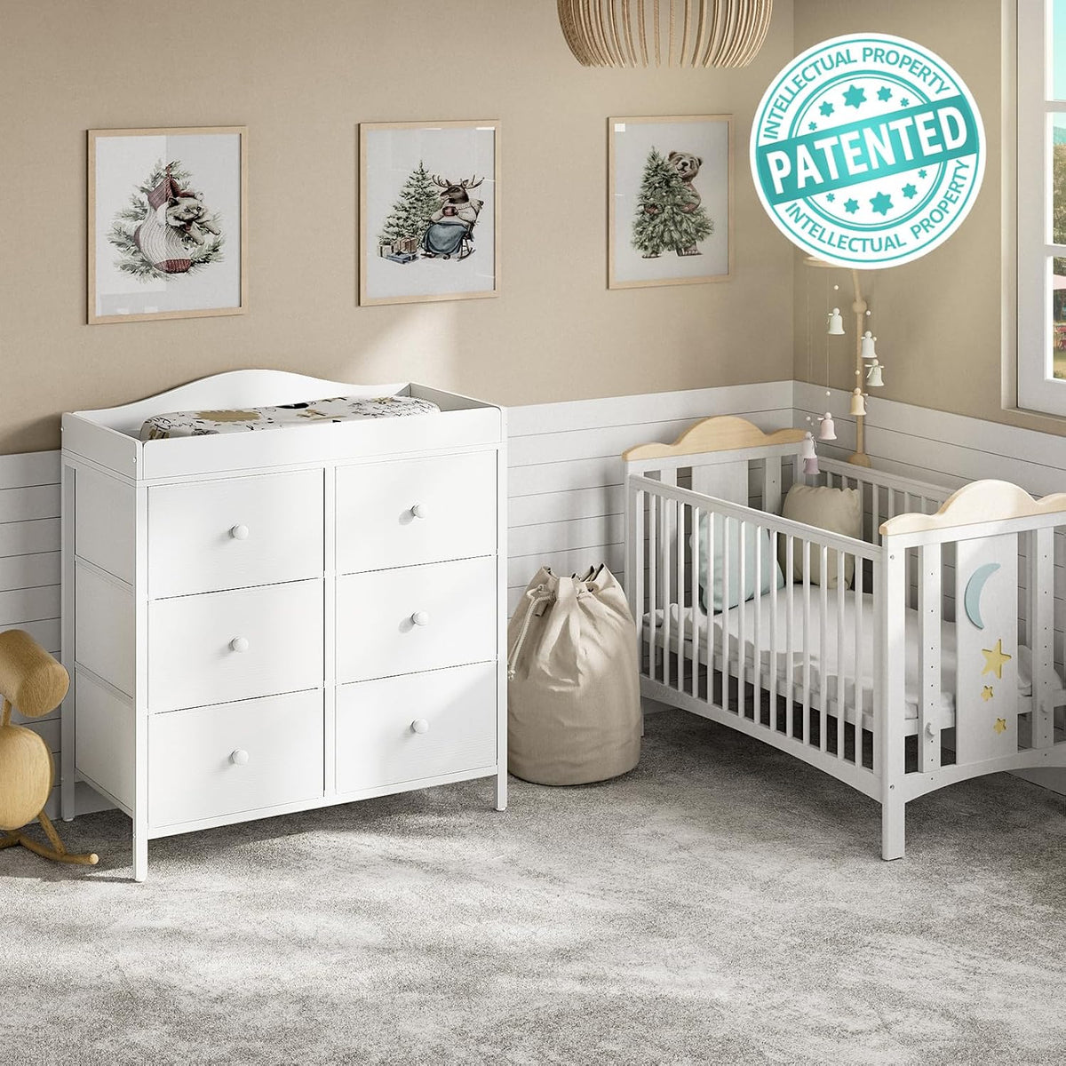 BOLUO White Changing Table Dresser with 6 Drawers Baby Dresser with Changing Table Top Diaper Changing Station with Storage for Nursery Modern