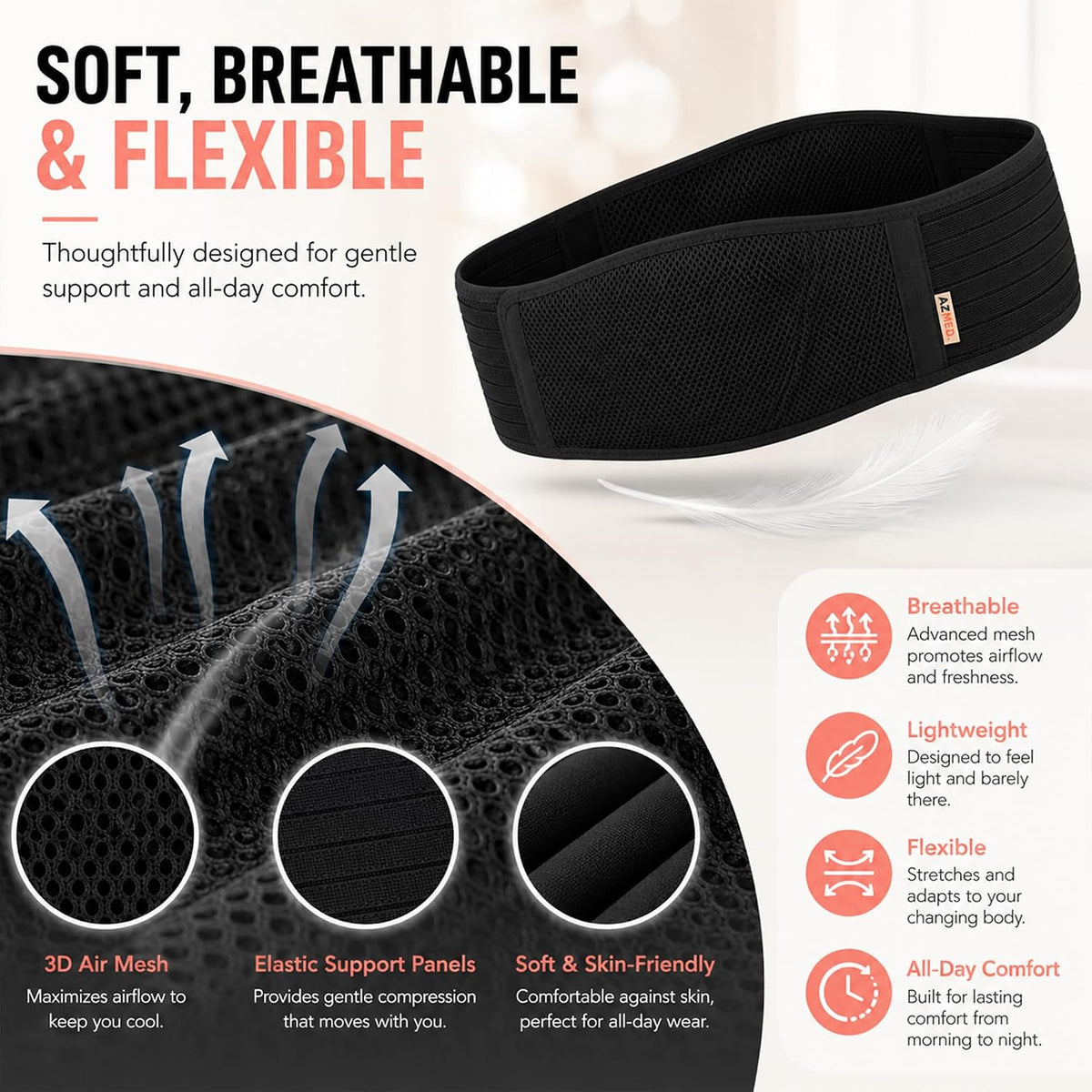AZMED Maternity Belt Back Support - Adjustable Abdominal Binder for Pregnancy - Belly Band for Pelvic, Waist & Lower Back Comfort - Fits Up to 46 Inches - Black