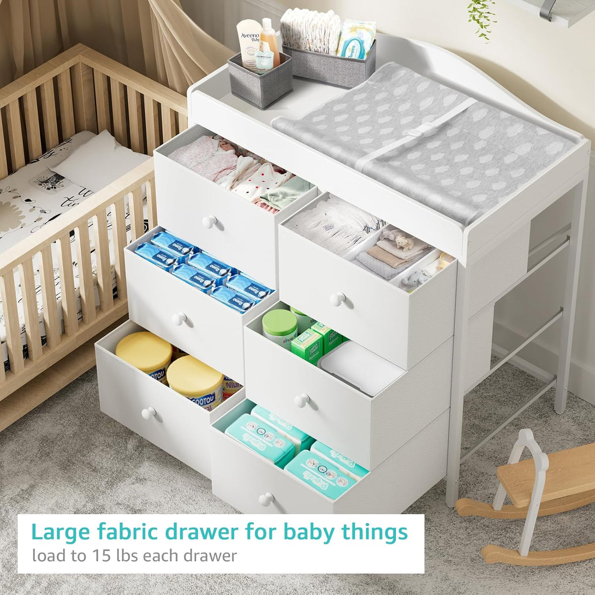 BOLUO White Changing Table Dresser with 6 Drawers Baby Dresser with Changing Table Top Diaper Changing Station with Storage for Nursery Modern