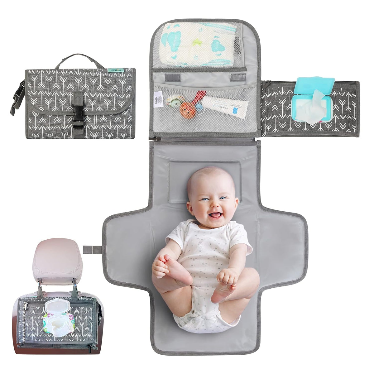 Kopi Baby Portable Diaper Changing Pad with Wipes Pocket, Classic Grey