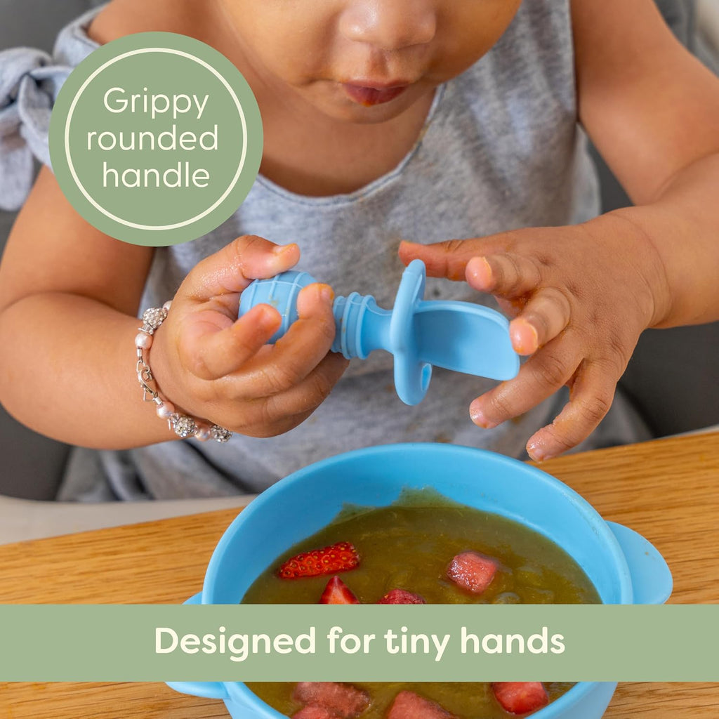 UpwardBaby Self-Feeding Spoon - Anti Choke Barrier - Silicone Baby Spoons Toddler Utensils for Home & Travel, Textured Tips Massage Gums & Baby-Led Weaning (Blue/Gray/Mint)