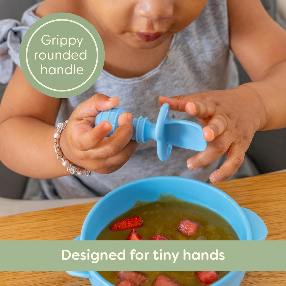 UpwardBaby Self-Feeding Spoon - Anti Choke Barrier - Silicone Baby Spoons Toddler Utensils for Home & Travel, Textured Tips Massage Gums & Baby-Led Weaning (Blue/Gray/Mint)