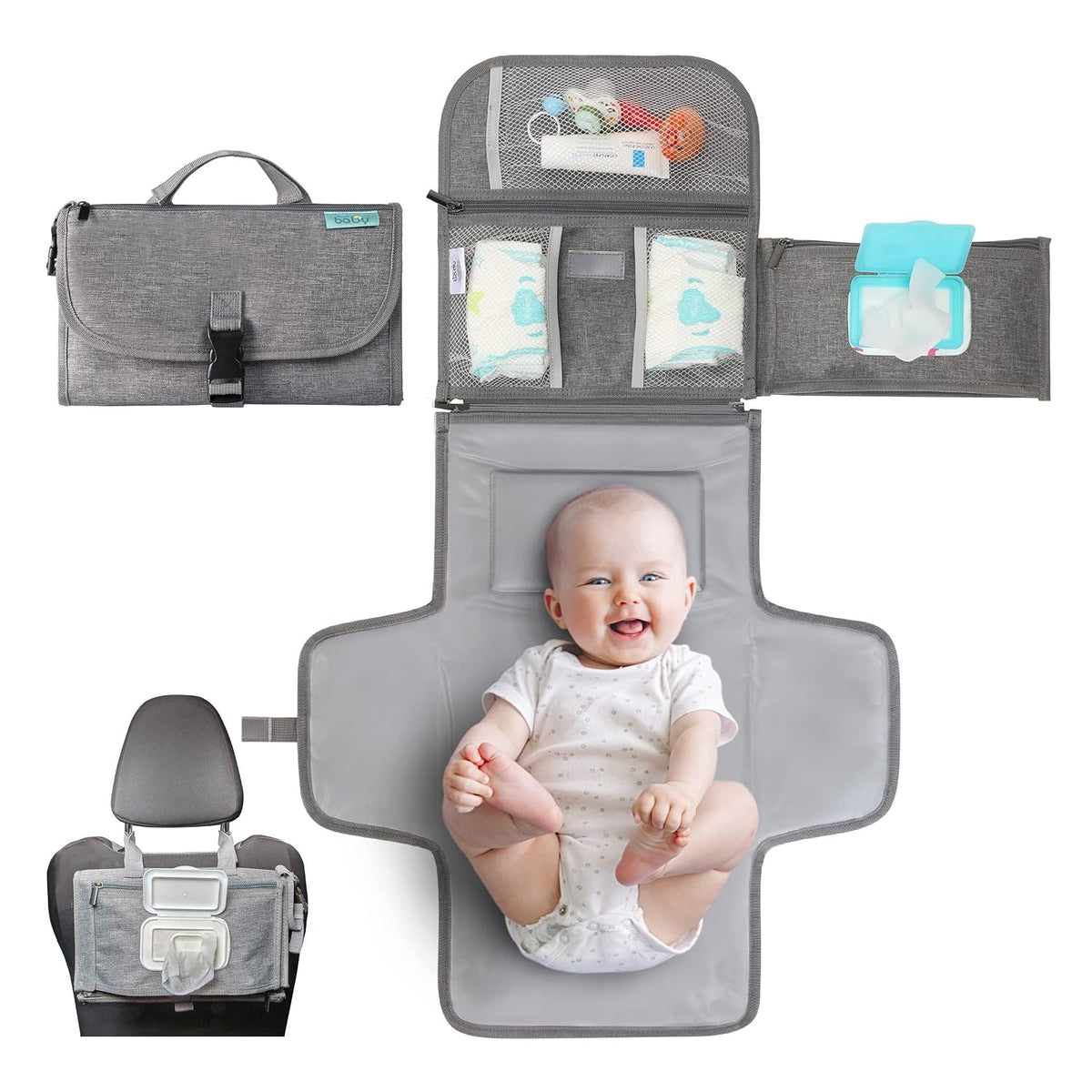 Kopi Baby Portable Diaper Changing Pad with Wipes Pocket, Classic Grey