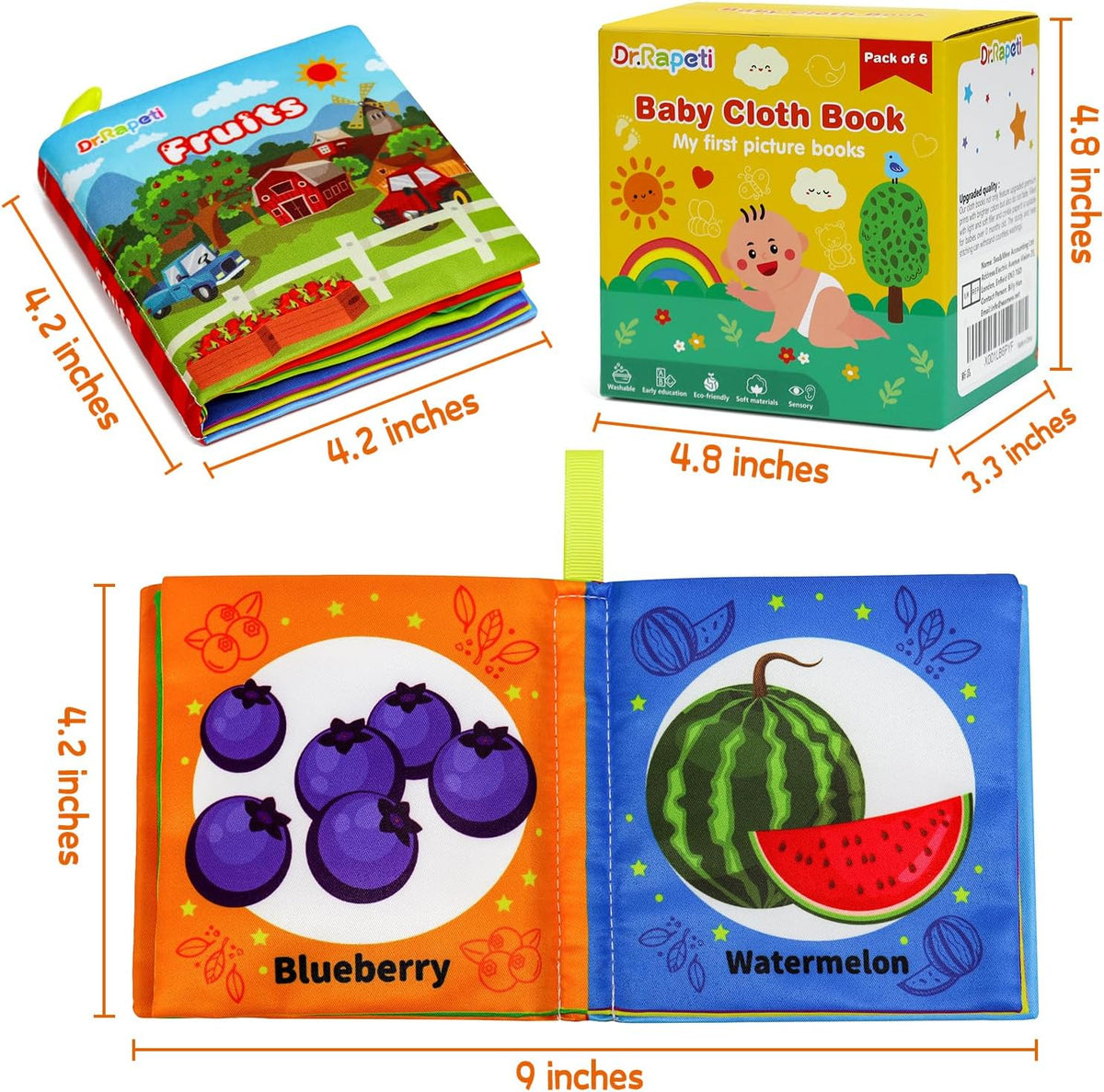 Dr.Rapeti 6 Pack Soft Books, Cloth Book, Bath Book, Baby Book, Crinkle Book