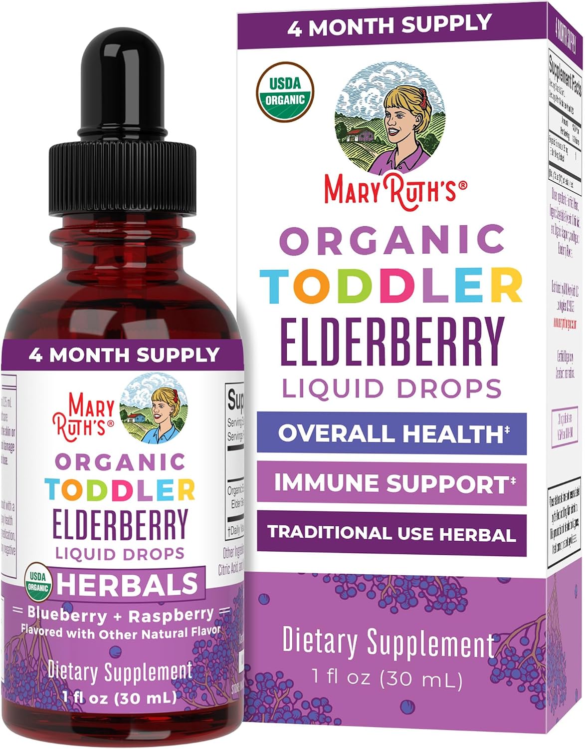 MARYRUTH'S Toddler Elderberry Syrup, USDA Organic Elderberry, Sugar Free Kids Immune Support Supplement for Ages 1-3 Years, Clean Label Project Verified®, Vegan, Non-GMO, Gluten Free, 1 Fl Oz