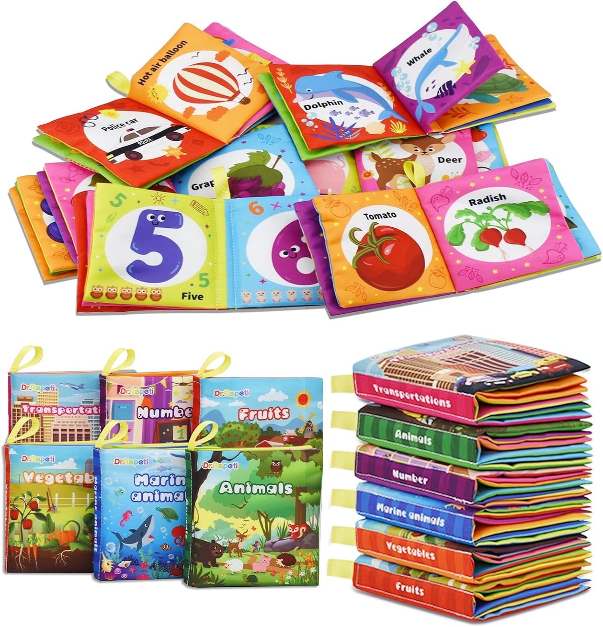 Dr.Rapeti 6 Pack Soft Books, Cloth Book, Bath Book, Baby Book, Crinkle Book