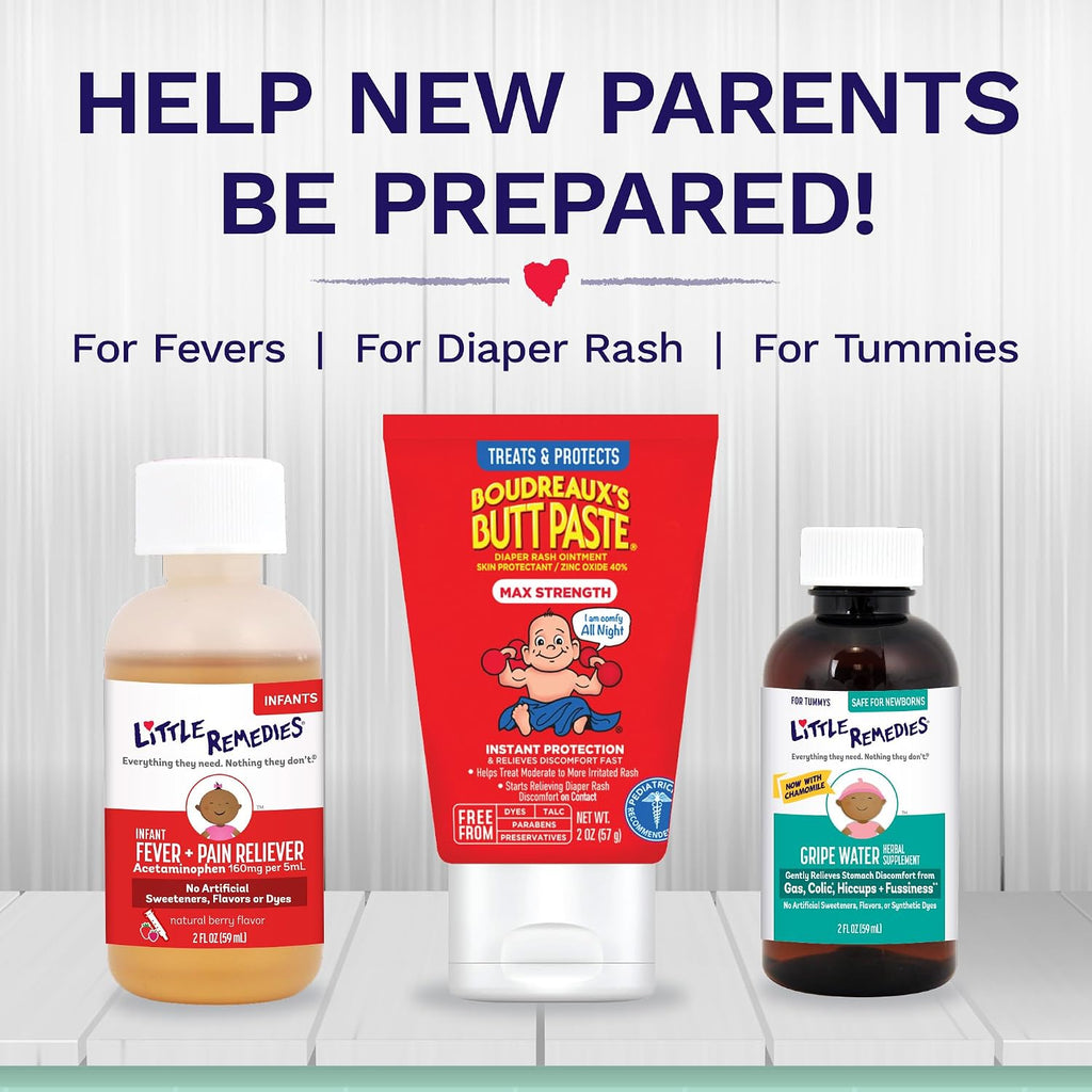 Little Remedies New Baby Essentials Kit with Saline Nasal Spray, Diaper Rash Cream, Gas Relief Drops, Gripe Water & More, Safe for Newborns, Multi-Color