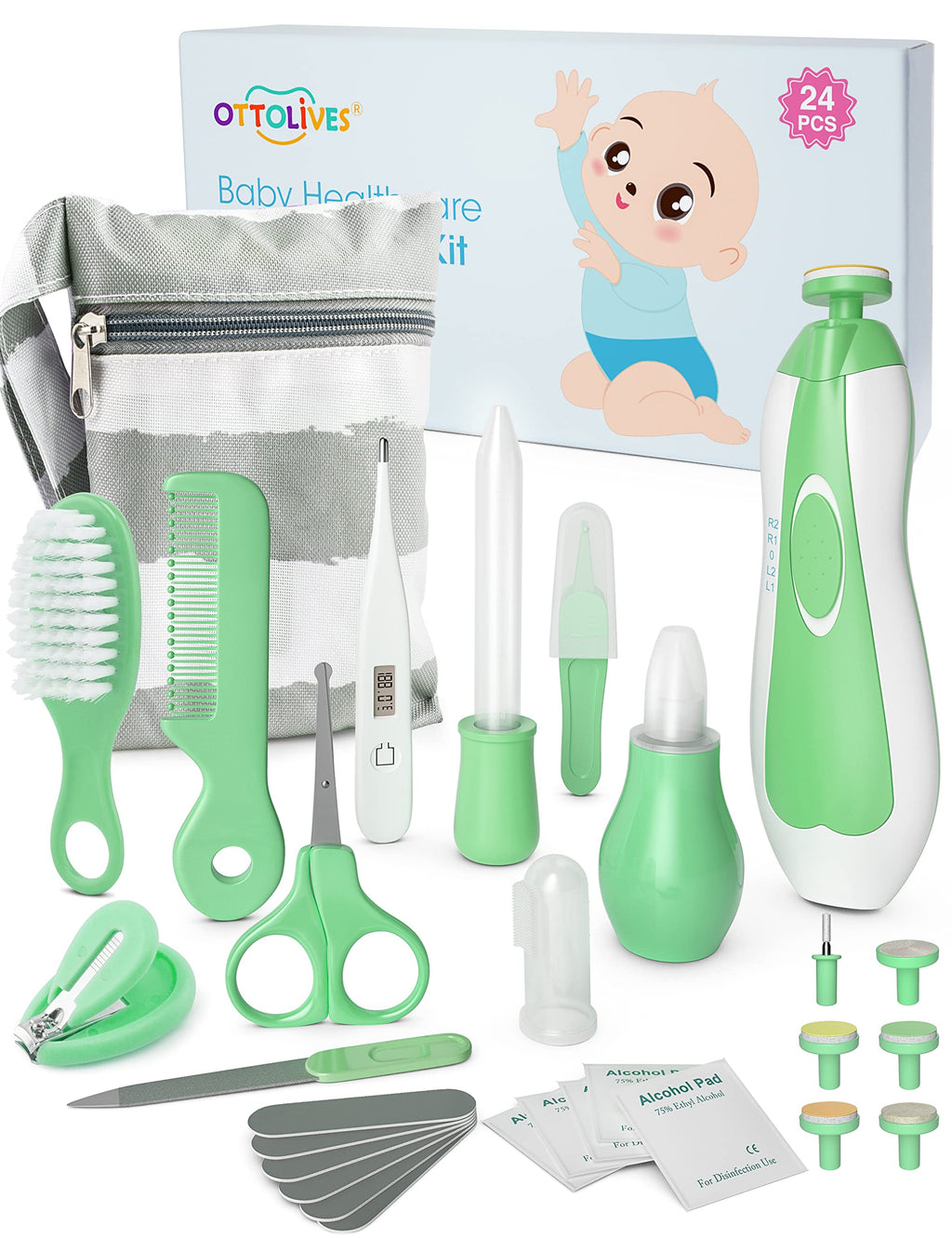 OTTOLIVES Baby Healthcare and Grooming Kit 24 in 1 Baby Electric Nail Trimmer Set Newborn Nursery Health Care Set for Newborn Infant Toddlers Baby Boys Girls Kids (0-3 Years+) (Green)