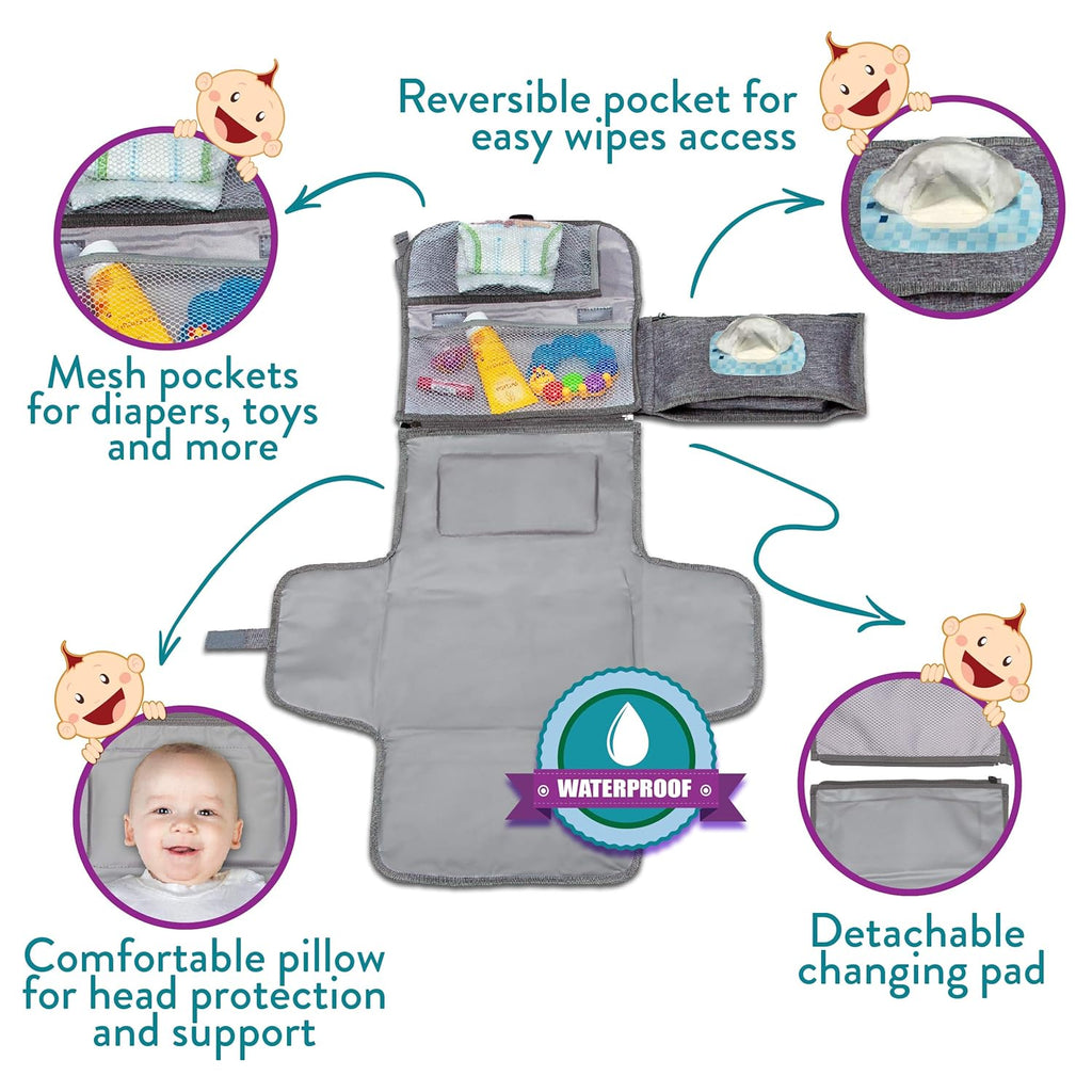 Kopi Baby Portable Diaper Changing Pad with Wipes Pocket, Classic Grey