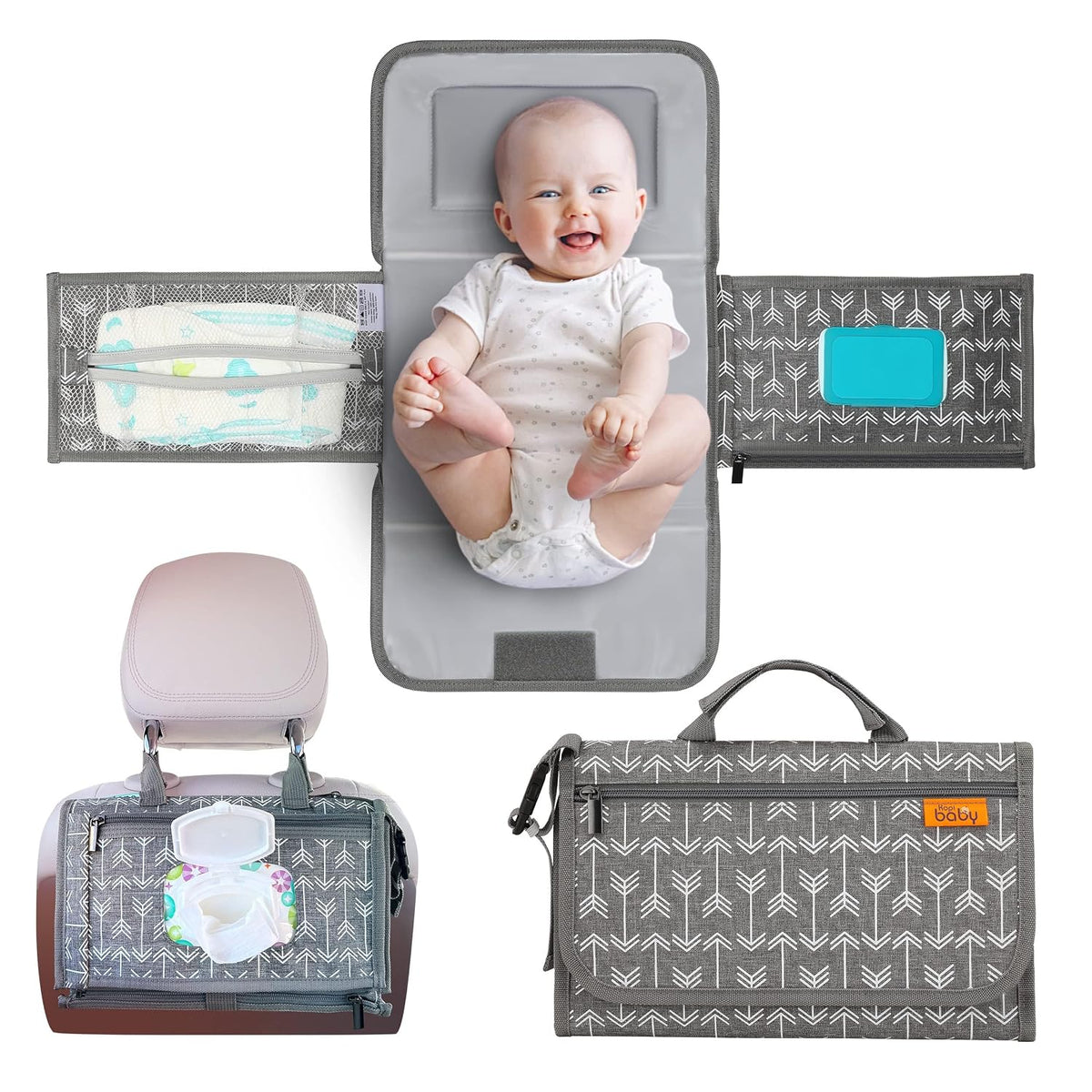 Kopi Baby Portable Diaper Changing Pad with Wipes Pocket, Classic Grey