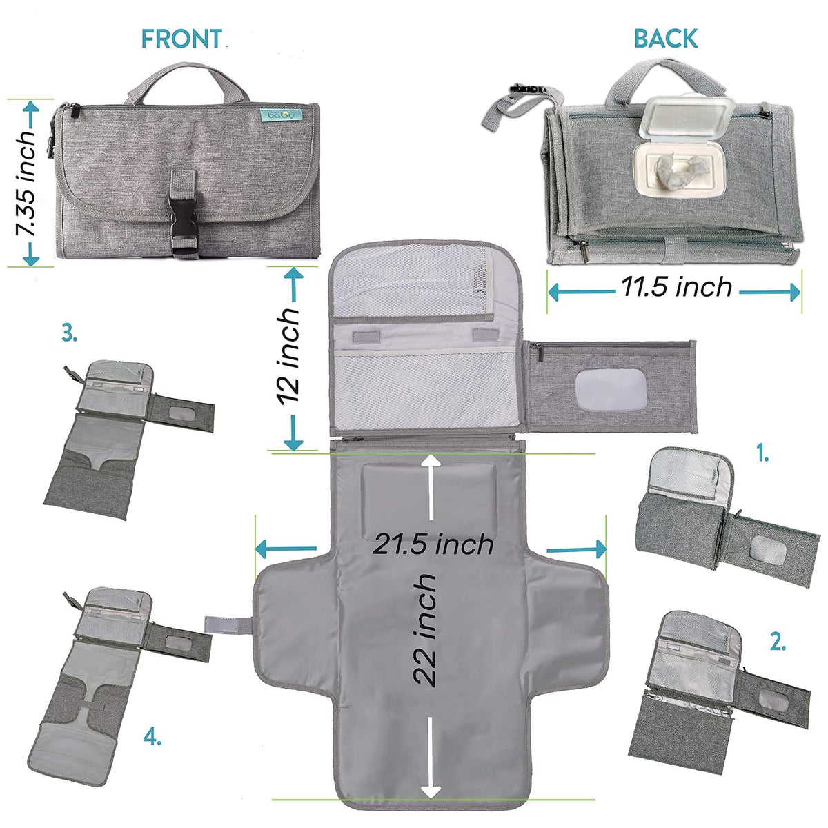 Kopi Baby Portable Diaper Changing Pad with Wipes Pocket, Classic Grey