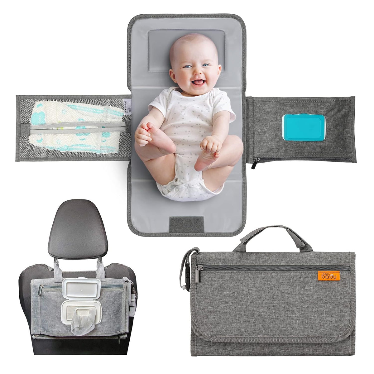 Kopi Baby Portable Diaper Changing Pad with Wipes Pocket, Classic Grey