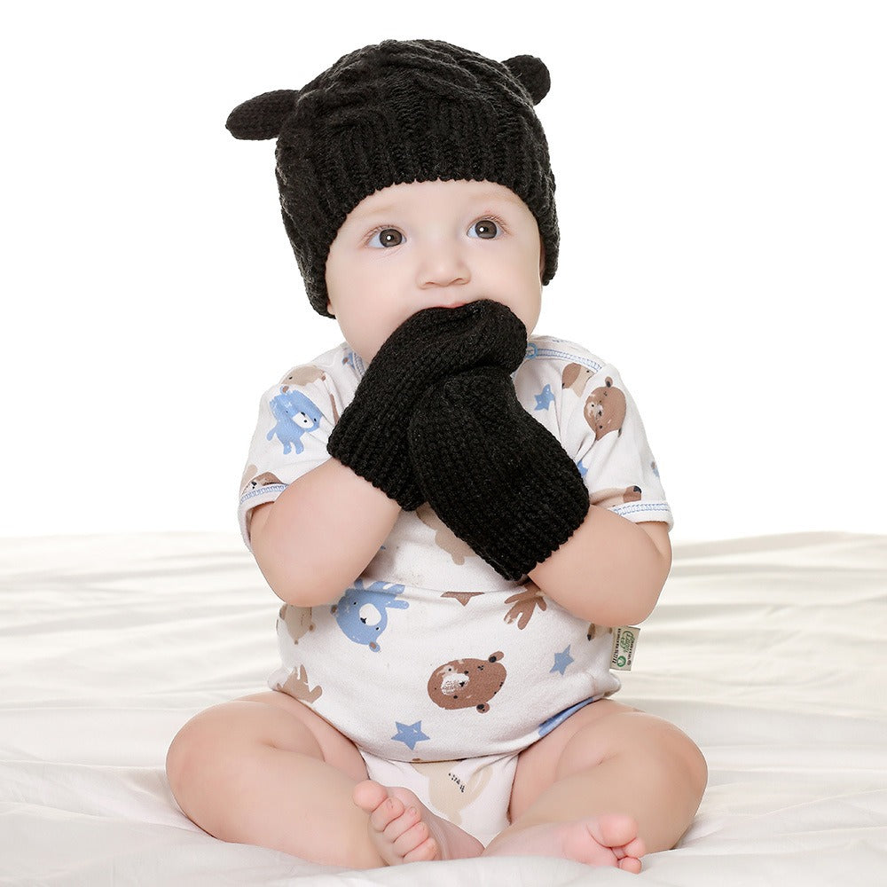 Winter Baby Hat Newborn Wool Small Ear Hat Gloves Two Piece Ear Protection and Warm Lining Set