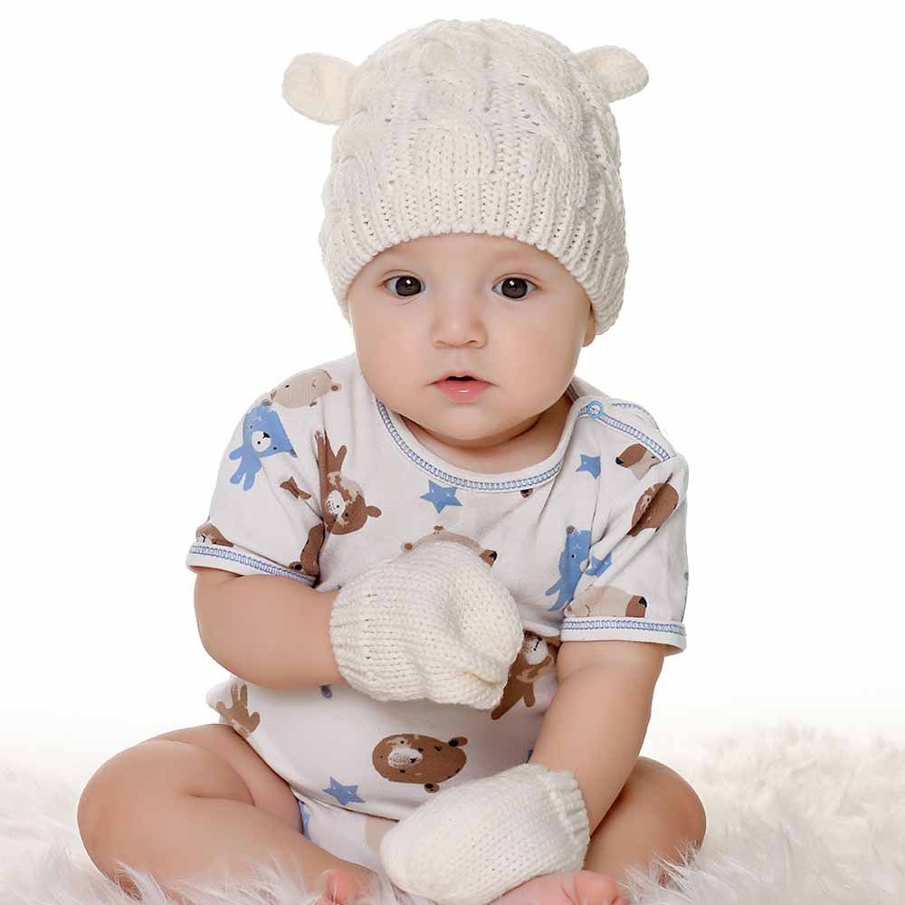 Winter Baby Hat Newborn Wool Small Ear Hat Gloves Two Piece Ear Protection and Warm Lining Set