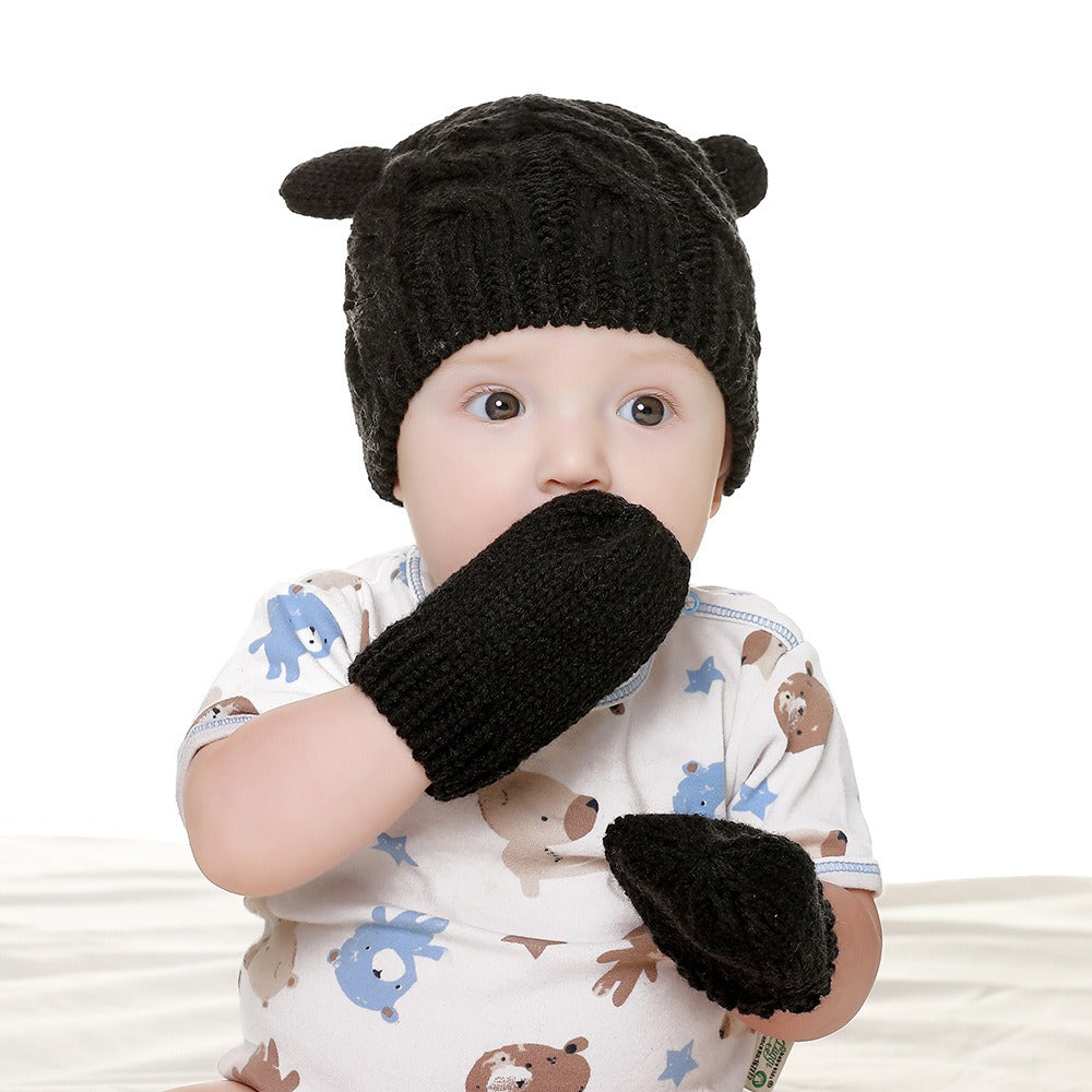 Winter Baby Hat Newborn Wool Small Ear Hat Gloves Two Piece Ear Protection and Warm Lining Set