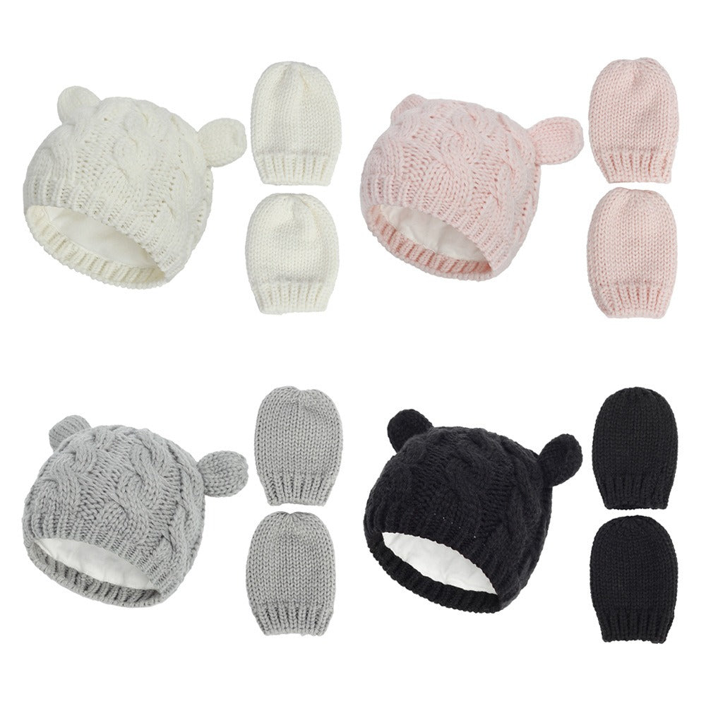 Winter Baby Hat Newborn Wool Small Ear Hat Gloves Two Piece Ear Protection and Warm Lining Set
