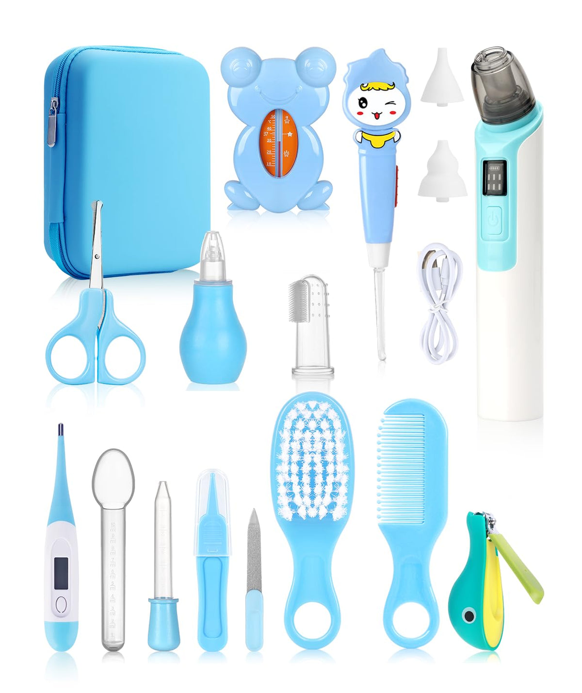 Baby Grooming and Healthcare Kits with Electric Nasal Aspirator 18 in 1 Portable Baby Safety Care Set with Hair Brush Comb Nail Clipper for Newborn Infant Girl Boys(Blue)