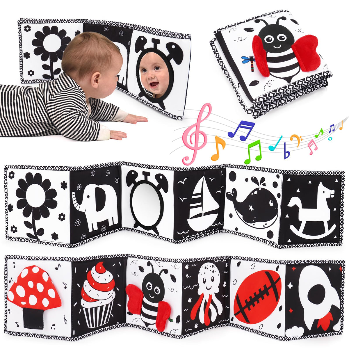 Black and White High Contrast Baby Toys 0-6-12 Months Soft Sensory Books Newborn Toys 0-3 Months Tummy Time Montessori Toys for Babies Brain Development Baby Essentials Infant Book Mirror Shower Gifts