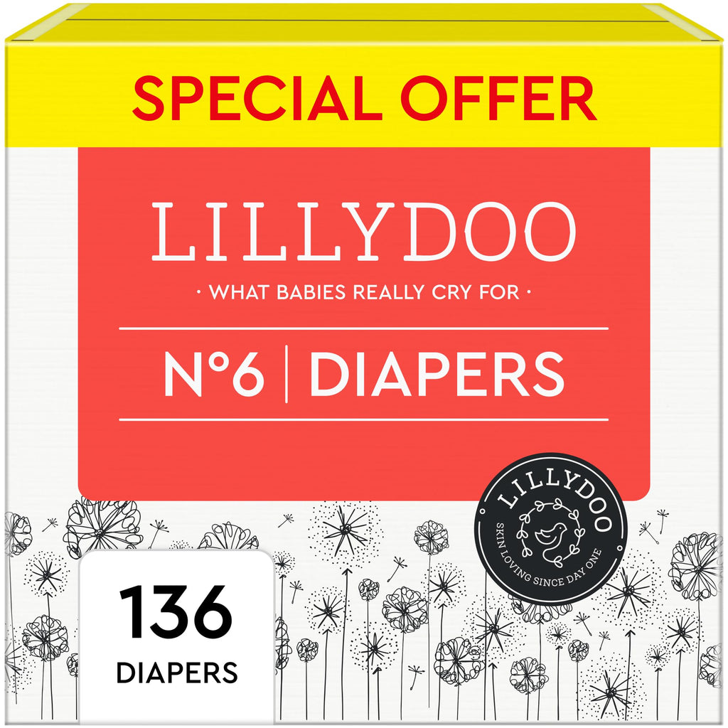 LILLYDOO Diapers - Size 6 (29+ lbs) Monthly Supply (136 Count) Skin-Friendly Ultrasoft & Absorbent Baby Diapers