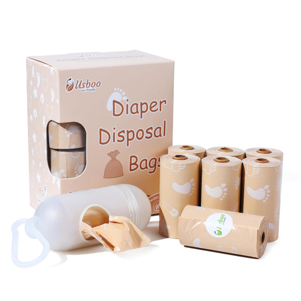 USBOO Diaper Bags Disposable for Baby Biodegradeable Dirty Diaper Bags (8 Refill Rolls/120 Bags) with Dispenser | Leak Proof Diaper Trash Bags | Baby Poop Bags | Fresh Powder Scent